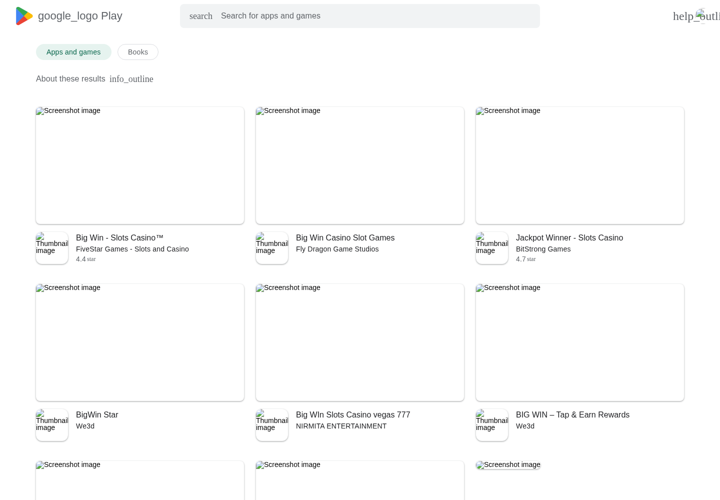 Google Play search context used to compare BigWins app identity signals